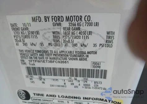 2011 Ford F-150 Platinum из США, поврежденный, VIN 1FTFW1ET3BFC92681